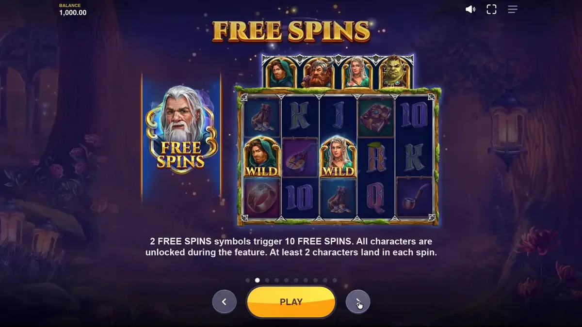 Pemandangan hutan mistis dalam slot Land of Riches dengan simbol pahlawan fantasi.