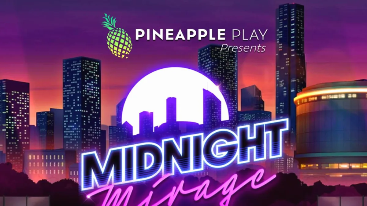 Tampilan visual neon dan mewah dari slot Midnight Mirage dengan latar belakang pemandangan kota malam hari.