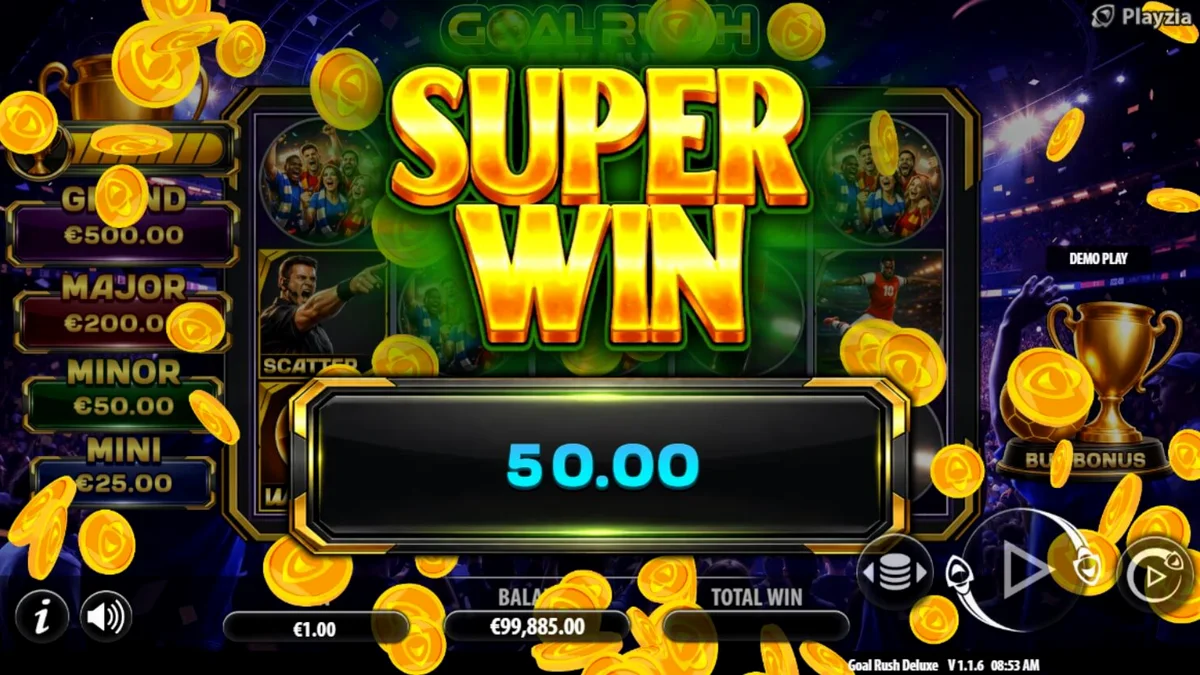 Tampilan visual slot Goal Rush Deluxe Hold and Win dengan tema stadion sepak bola yang megah