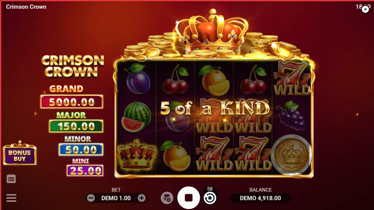 Tampilan visual slot Crimson Crown dengan tema buah dan mahkota emas